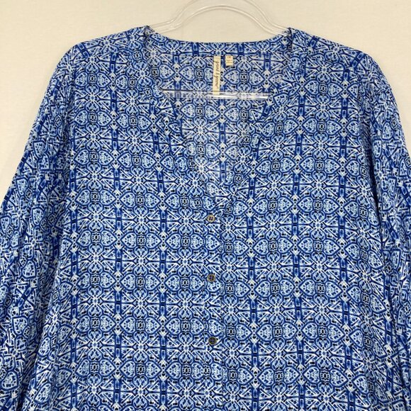 Grand & Green size 1X Blue V Neck Abstract Pattern Ultra Soft Blouse Office - Picture 4 of 12